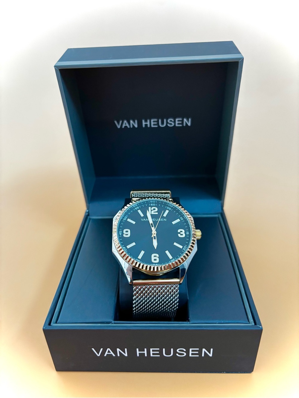 Van Heusen Black Dial Men's Watch with Silver Mesh Bracelet